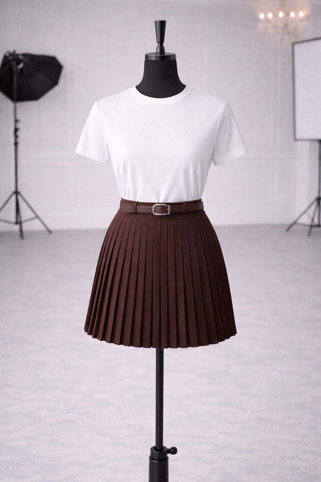 Zr Model Kemerli İç Şortlu Piliseli Premium Etek - Kahve