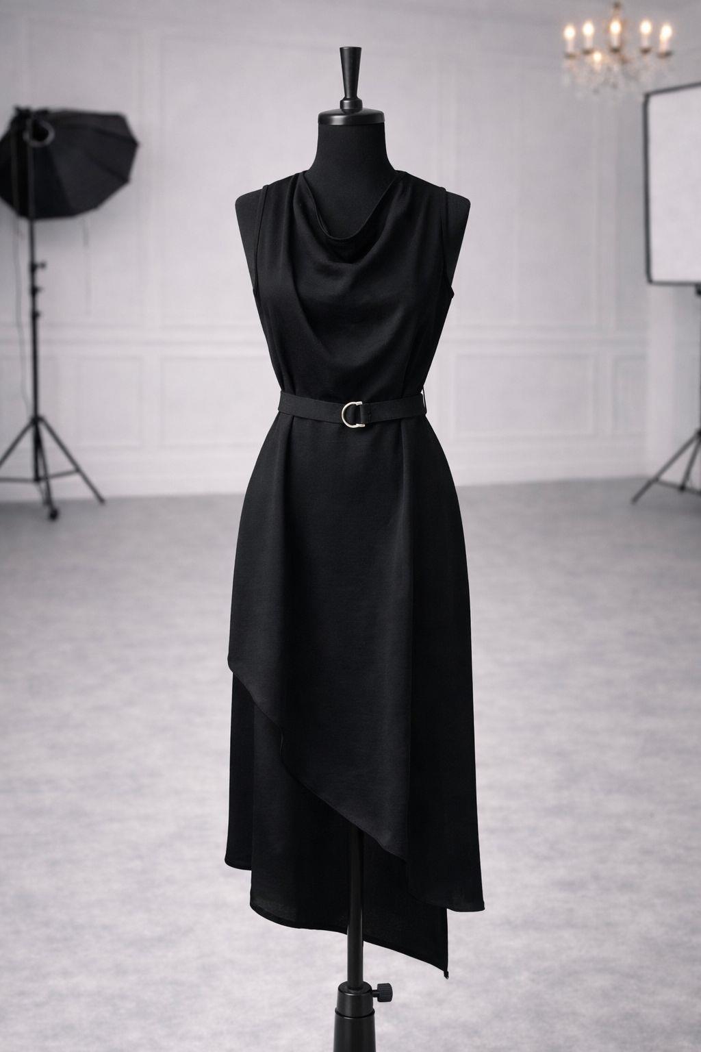 Zr Model Kemerli Kendinden Desenli Degaje Yaka Premium Elbise - Siyah