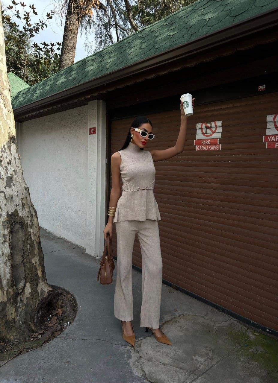 Zr Model Kendinden Kuşaklı Örme Takım - Bej