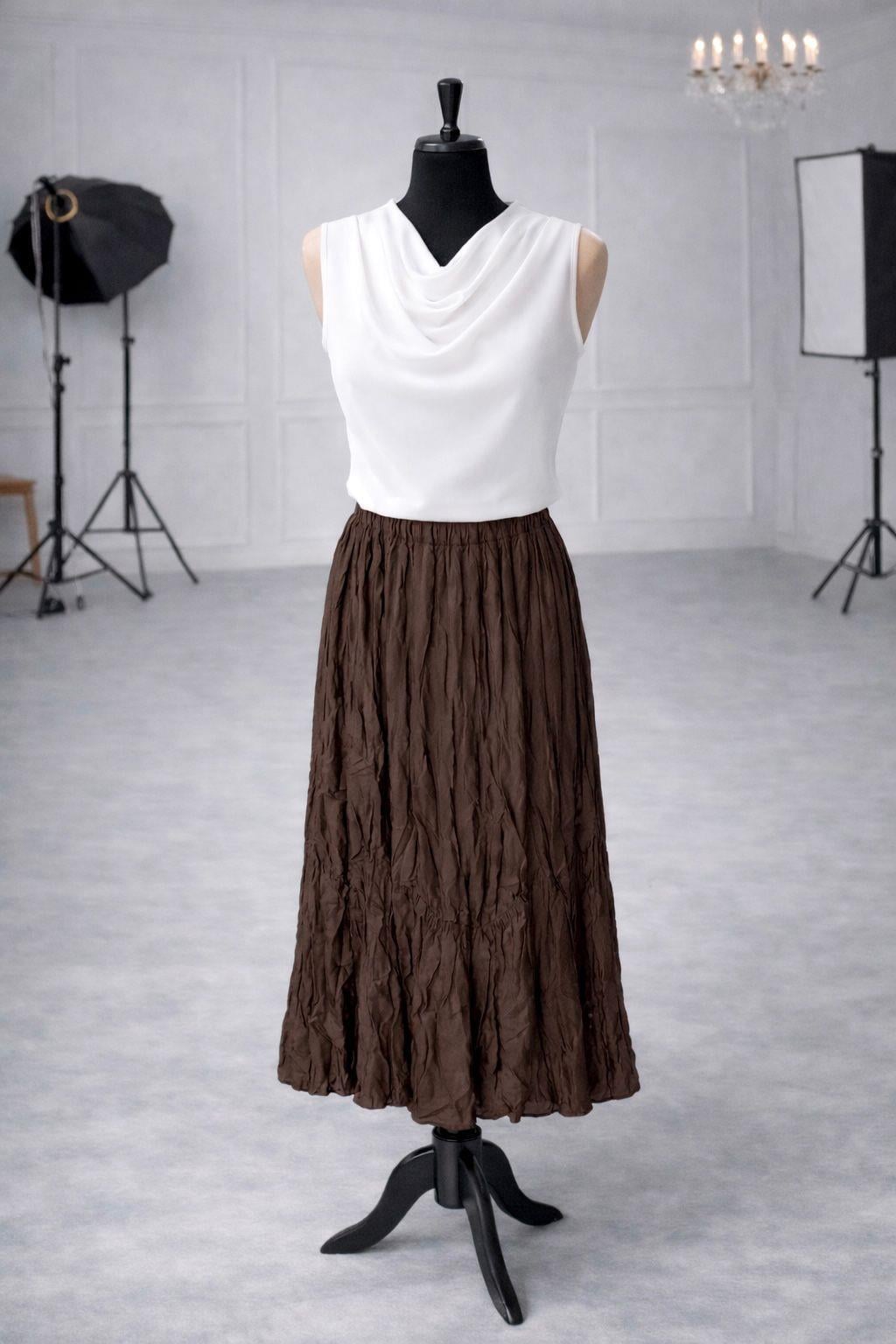Zr Model Kırışık Model Premium Uzun Etek - Kahve