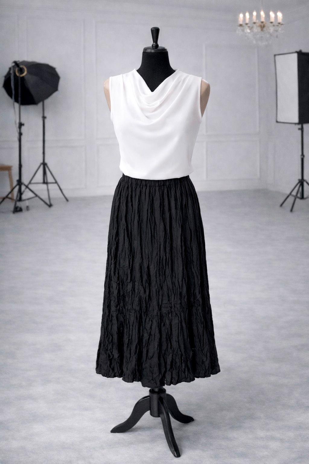 Zr Model Kırışık Model Premium Uzun Etek - Siyah