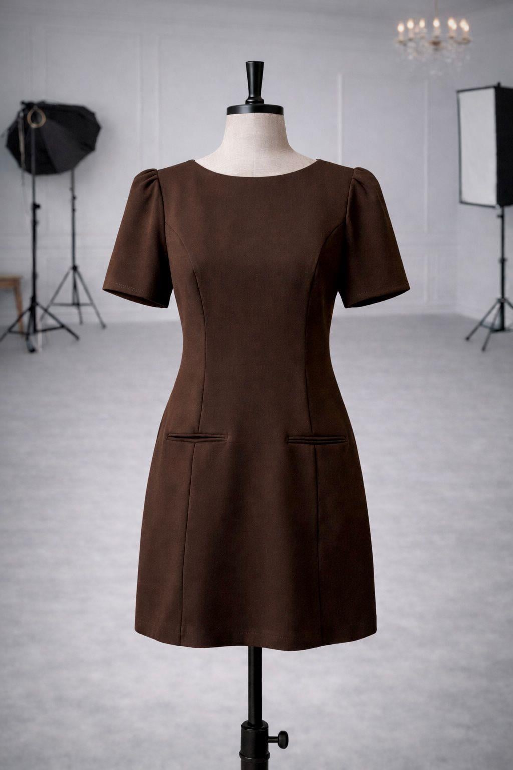 Zr Model Kol ve Cep Detay Premium Elbise - Kahve