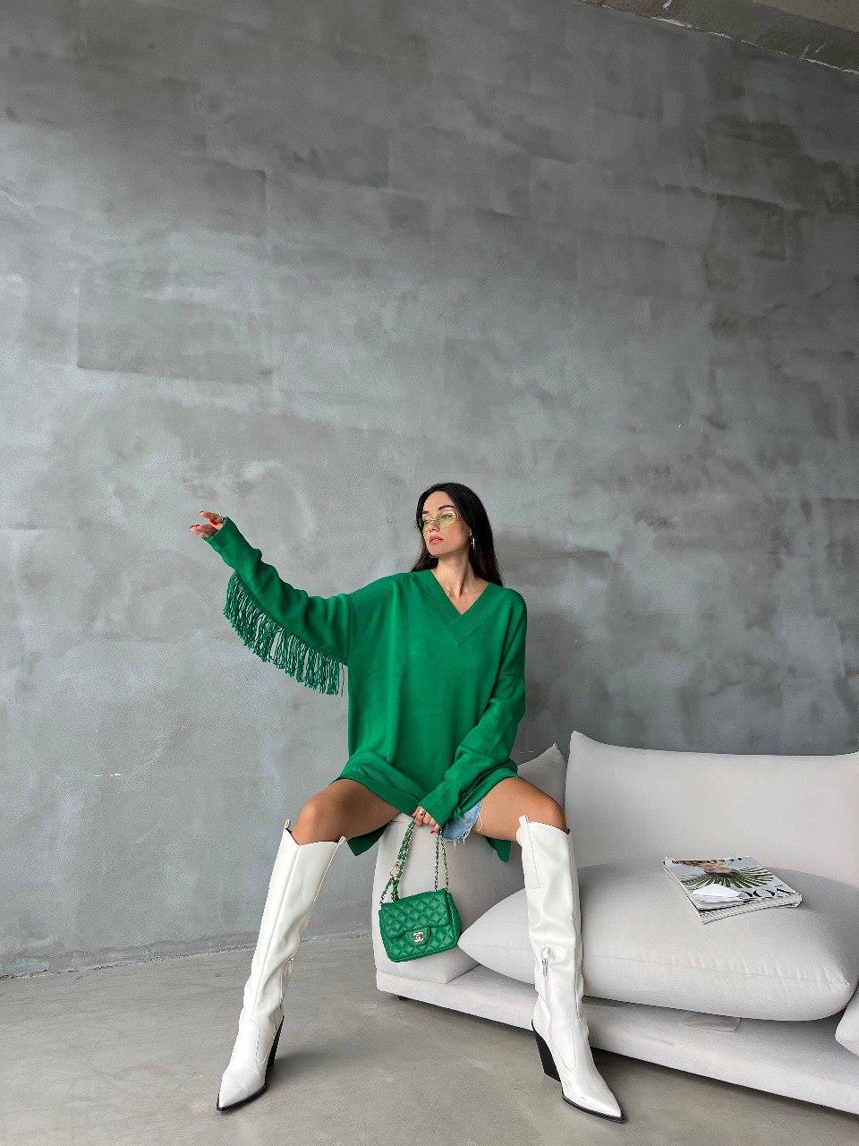 Zr Model Kolları Püsküllü Oversize Triko Kazak - Yeşil