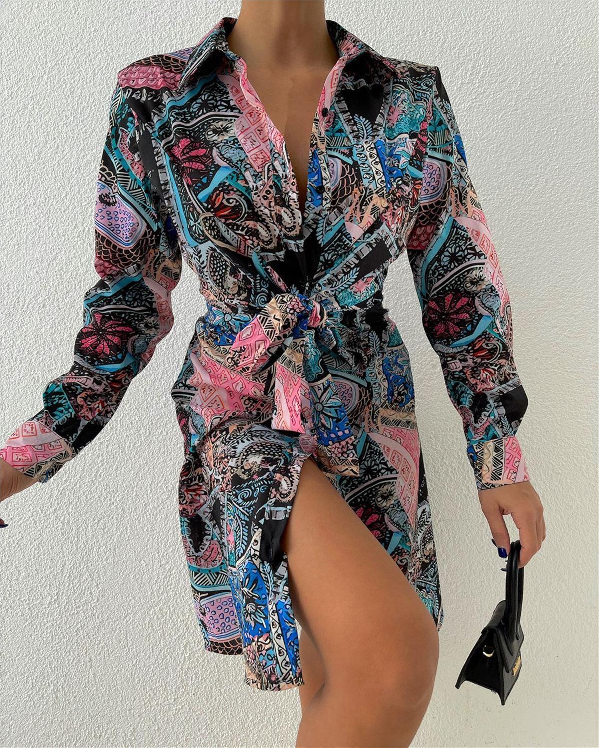 Zr model kuşaklı gömlek elbise  - MULTİ