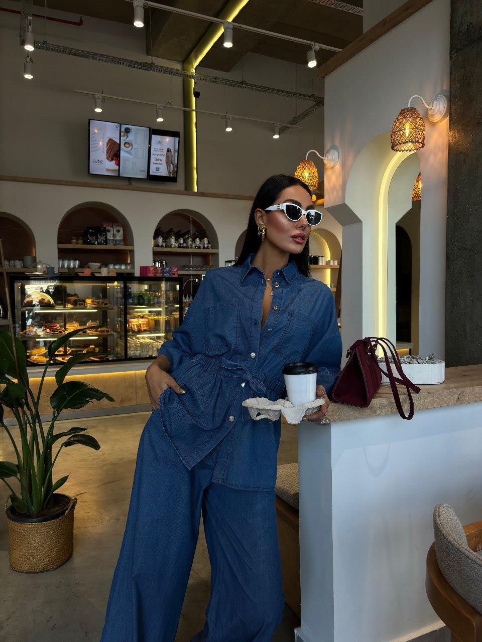 Zr Model Kuşaklı Gömlek Pantolon Premium Kot Takım - Mavi