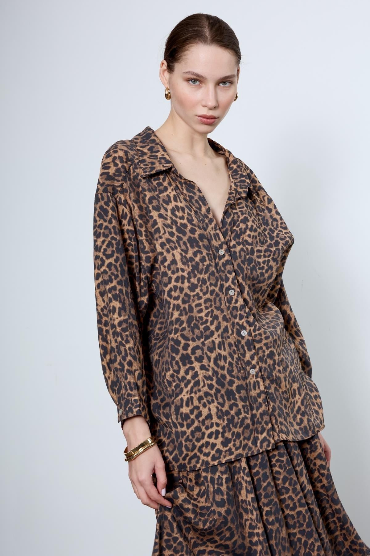 Zr Model Leopar Desen Premium Oversize Gömlek - Leopar