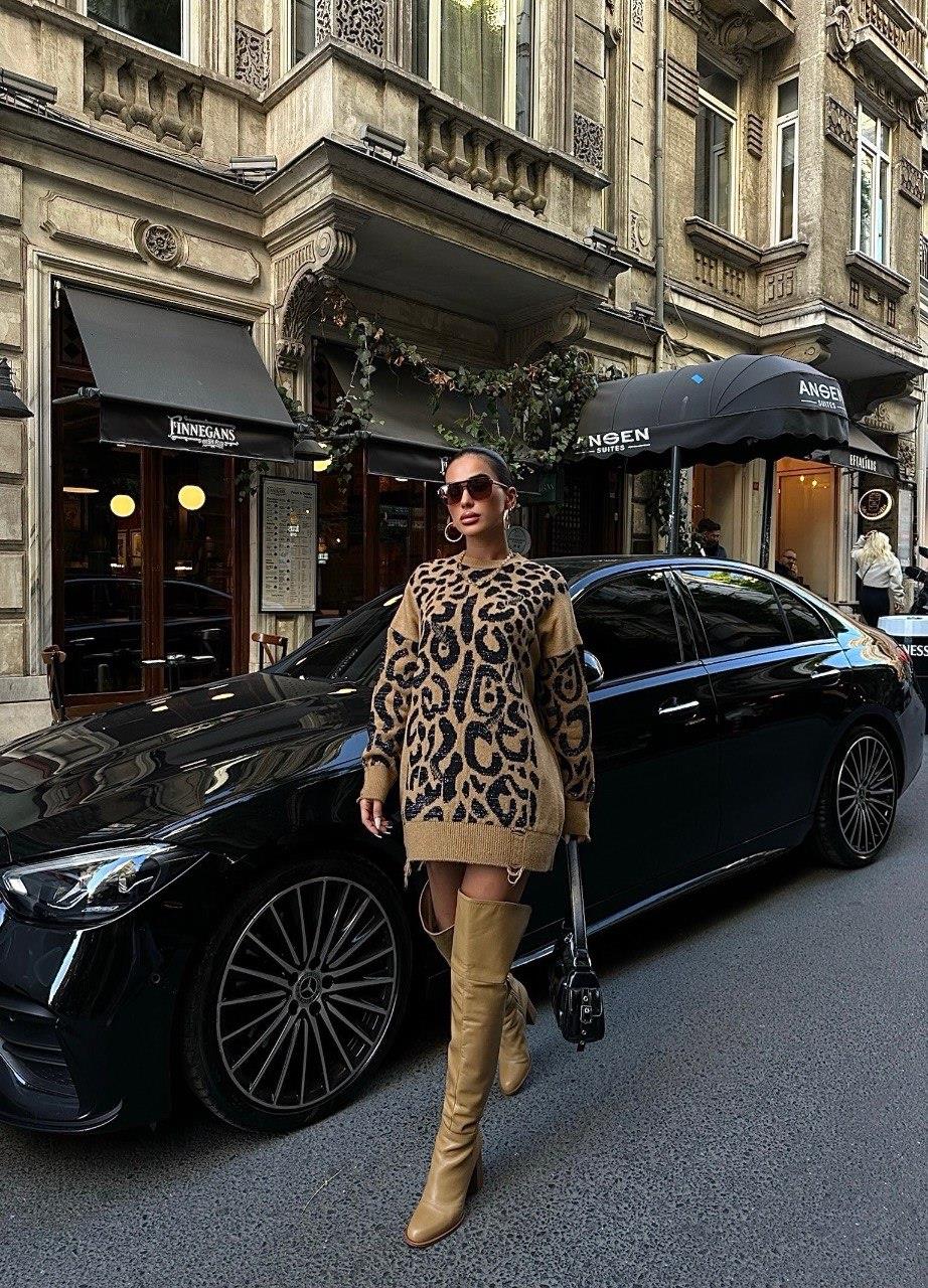 Zr Model Leopar Desen Triko Kazak - Vizon