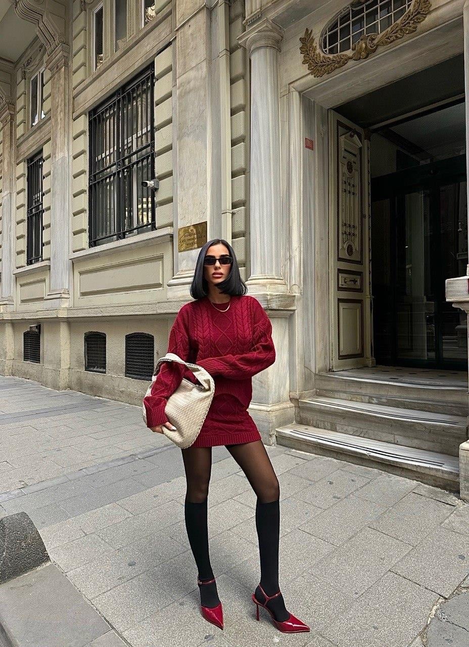 Zr Model Örgü Desen Etek Bluz Triko Takım - Bordo