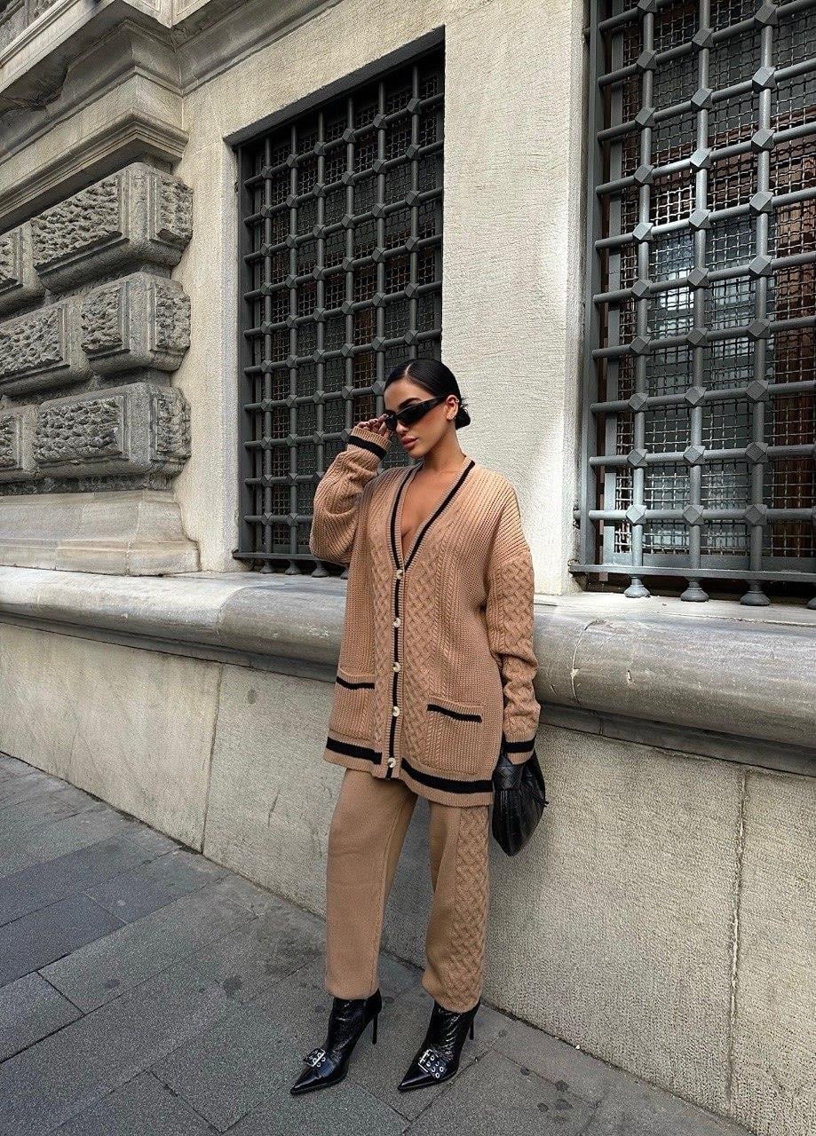 Zr Model Oversize Uzun Hırka Pantolon Premium Triko Takım - Vizon