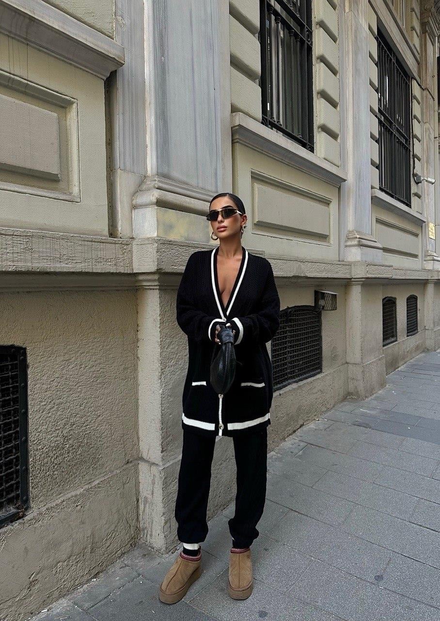 Zr Model Oversize Uzun Hırka Pantolon Premium Triko Takım - Siyah