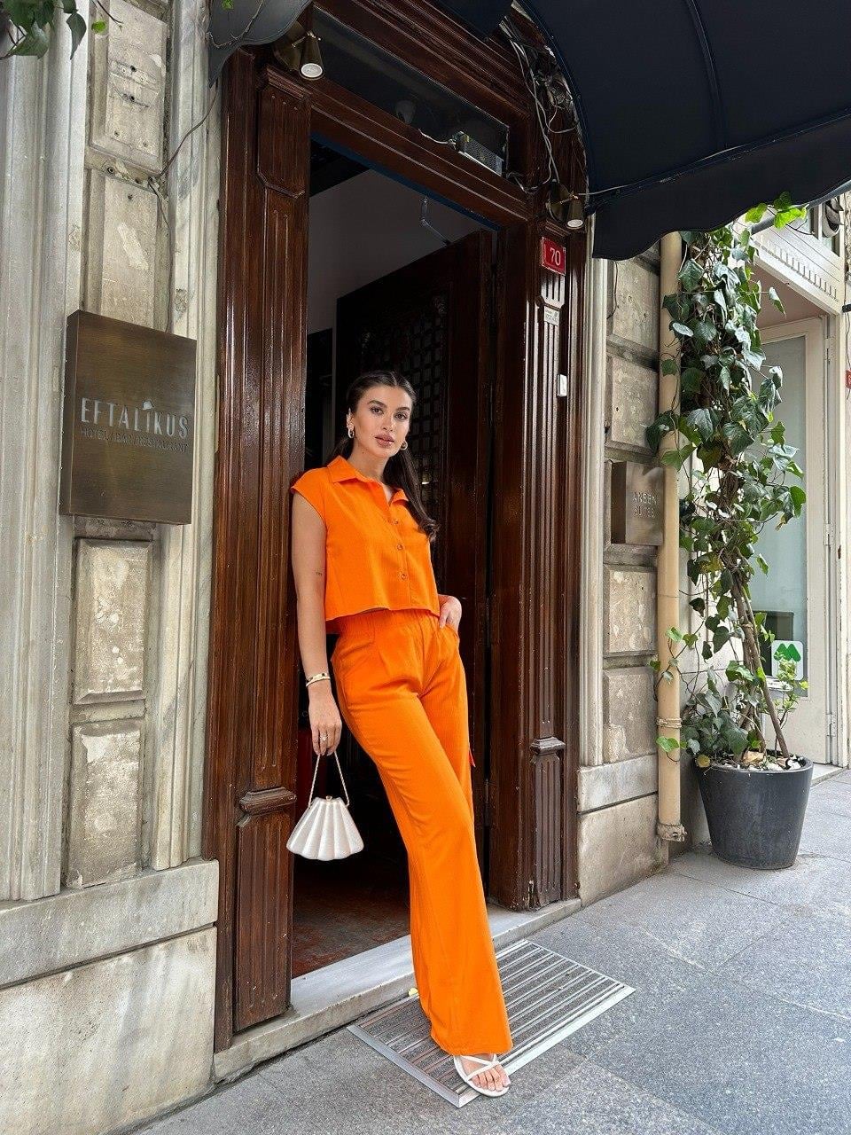 ZR model pamuklu gömek pantolon takım - ORANJ