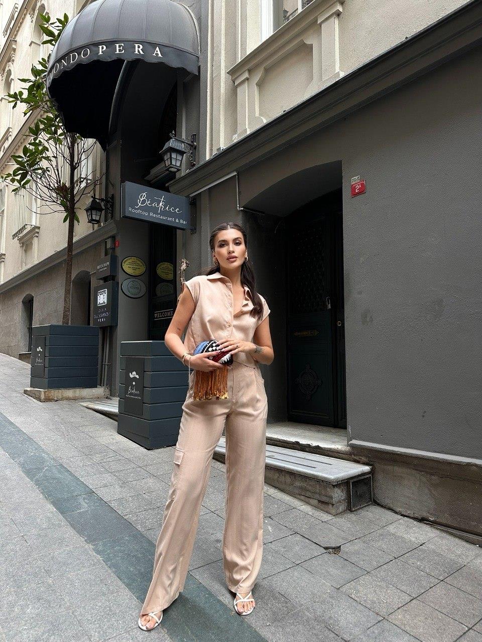 ZR model pamuklu gömek pantolon takım - BEJ
