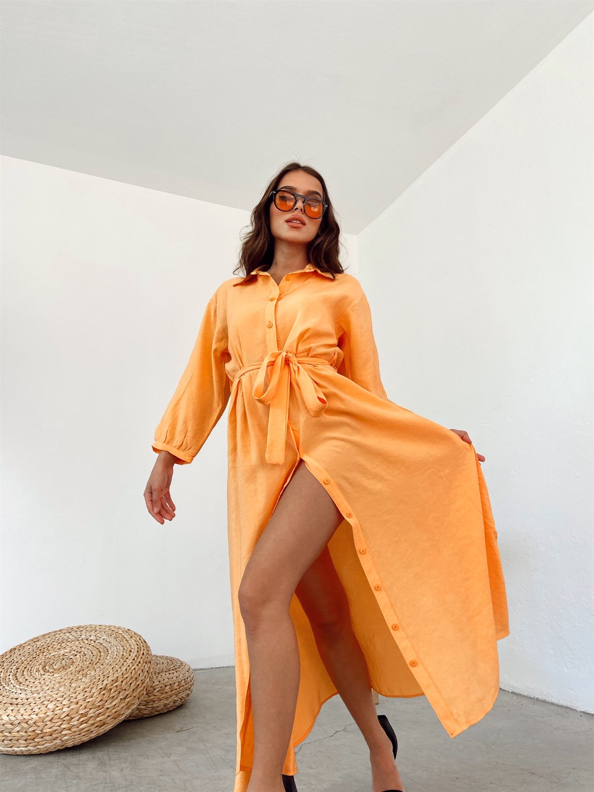 Zr model pamuklu gömlek elbise - ORANJ