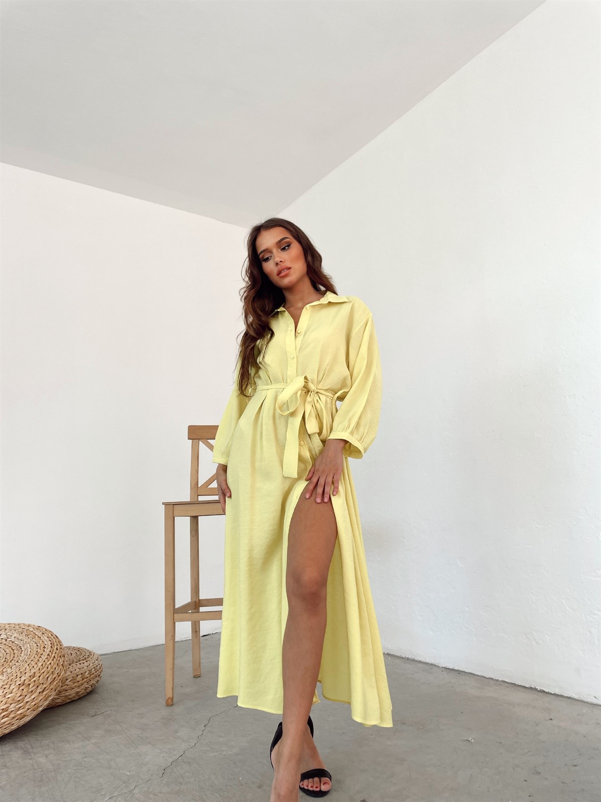 Zr model pamuklu gömlek elbise - SARI