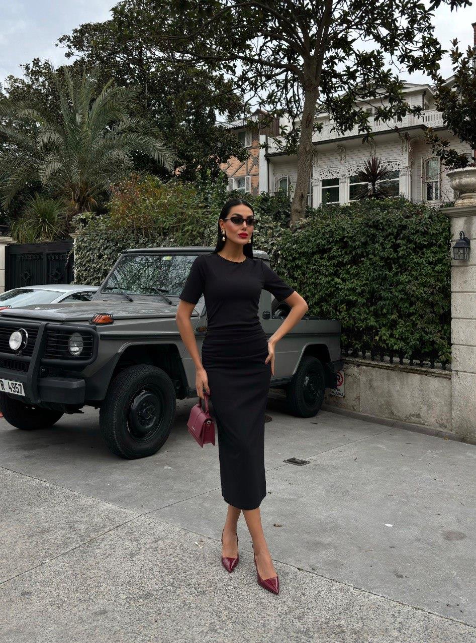 Zr Model Premium Kalite Drapeli Şık Elbise - Siyah