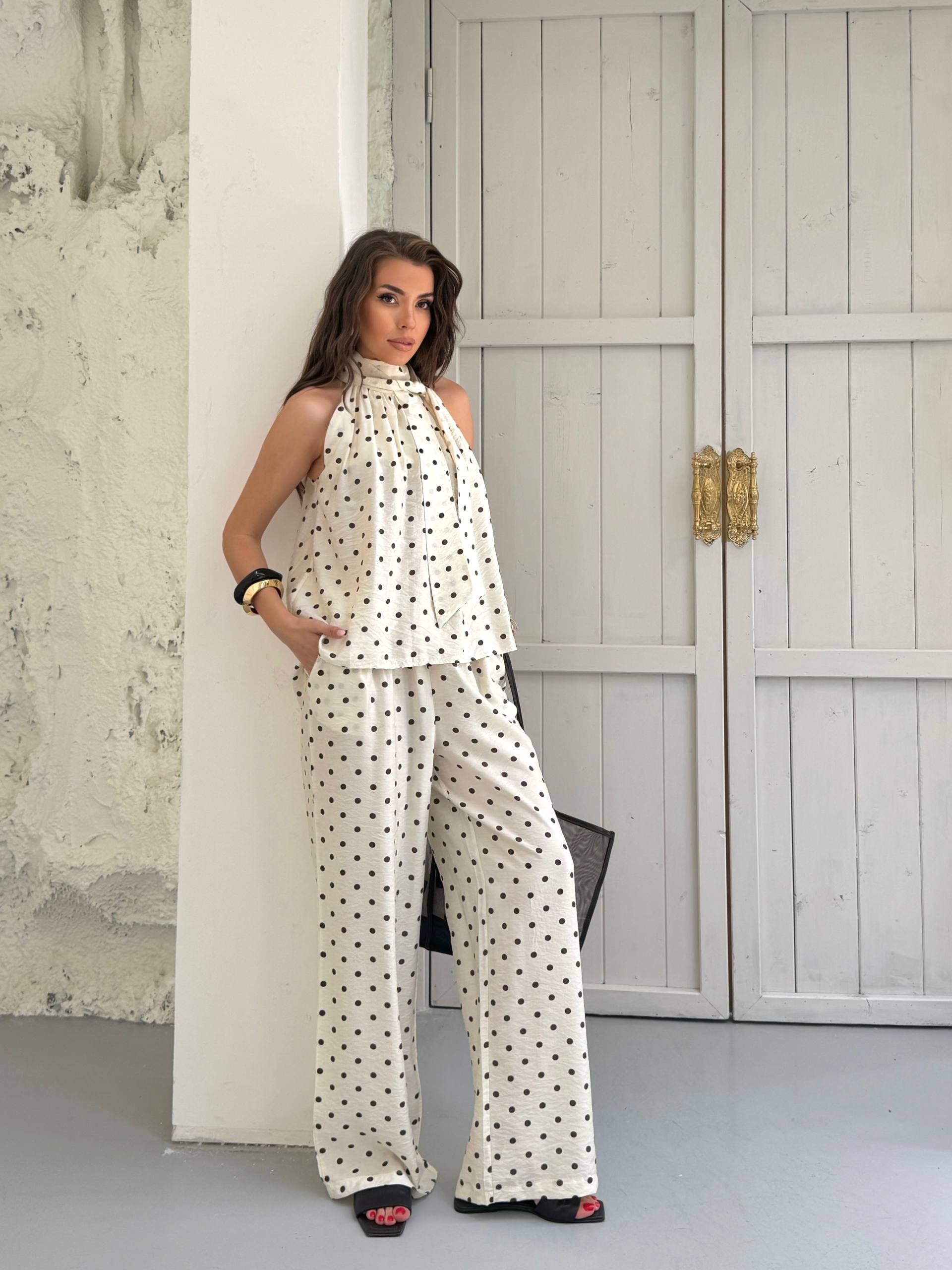 Zr Model Puantiyeli Halter Yaka Premium İkili Takım - Bej