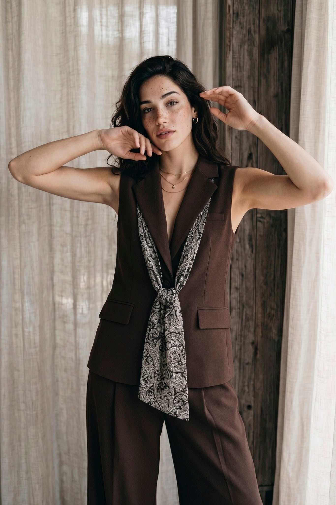 Zr Model Şallı Yelek Pantolon Premium İkili Takım - Kahve