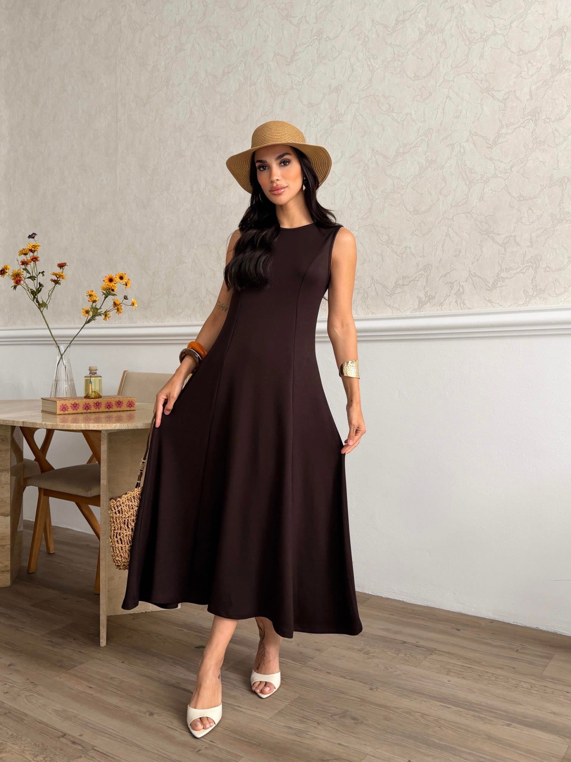 Zr Model Sıfır Kol Premium Modal Elbise - Kahve