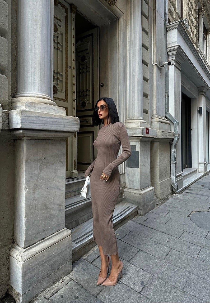 Zr Model Sırt Bağlama Detay Triko Elbise - Vizon