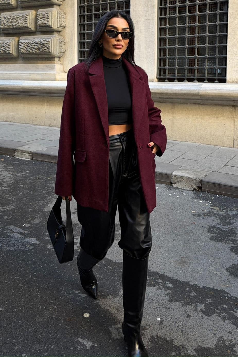 Zr Model Tek Düğmeli Premium Astarlı Kaşe Ceket - Bordo