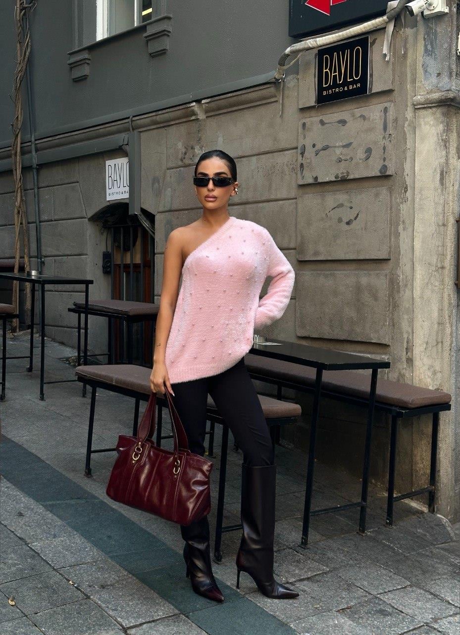Zr Model Tek Omuz Taş Detay Premium Triko - Pembe