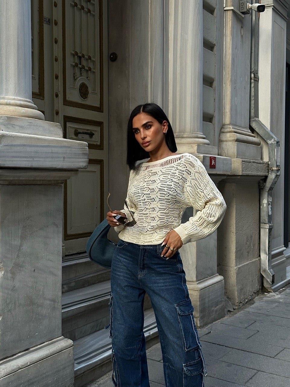 Zr Model Transparan Detay Örme Triko Bluz - Ekru