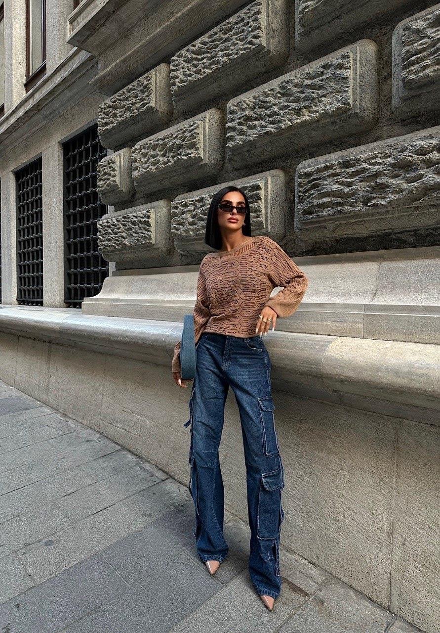 Zr Model Transparan Detay Örme Triko Bluz - Vizon