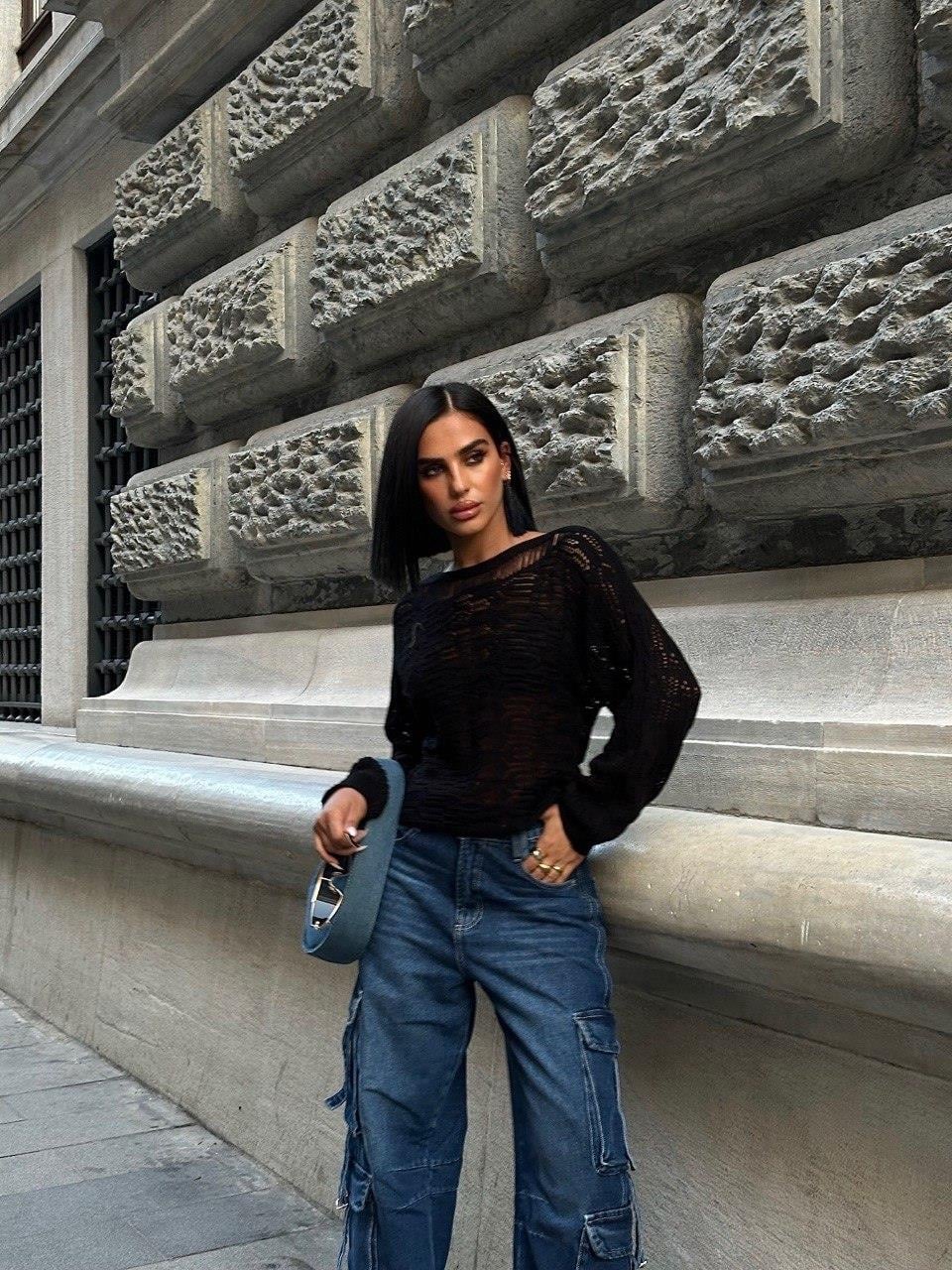 Zr Model Transparan Detay Örme Triko Bluz - Siyah