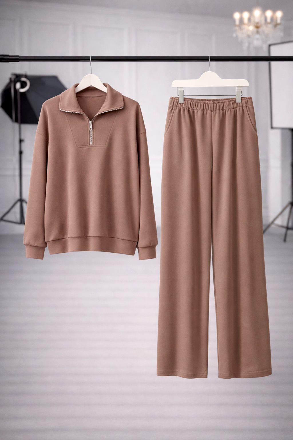 Zr Model Üst Yarım Fermuar Premium Eşofman Takımı - Kahve