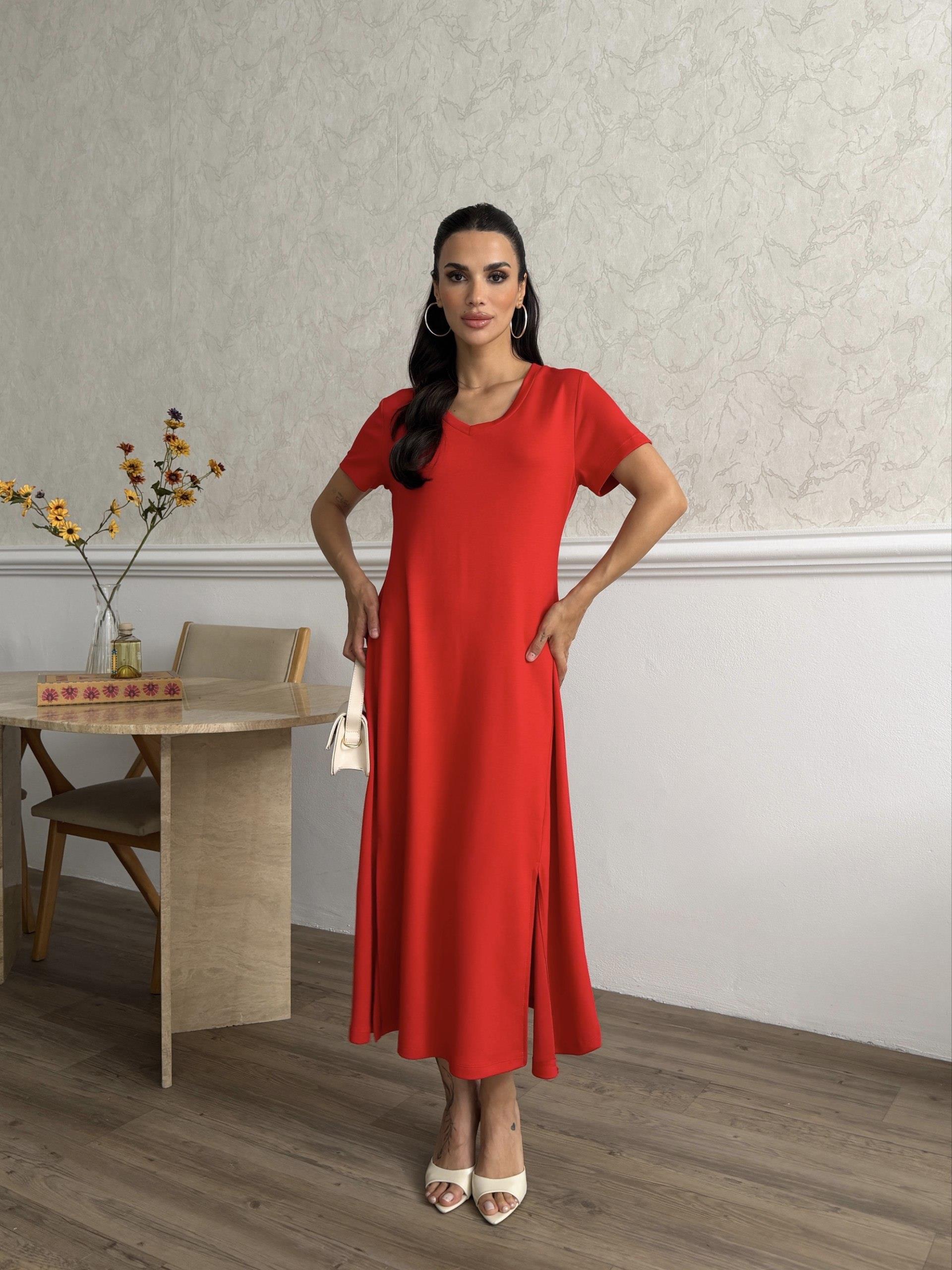 Zr Model V Yaka Premium Yırtmaçlı Elbise - Kırmızı