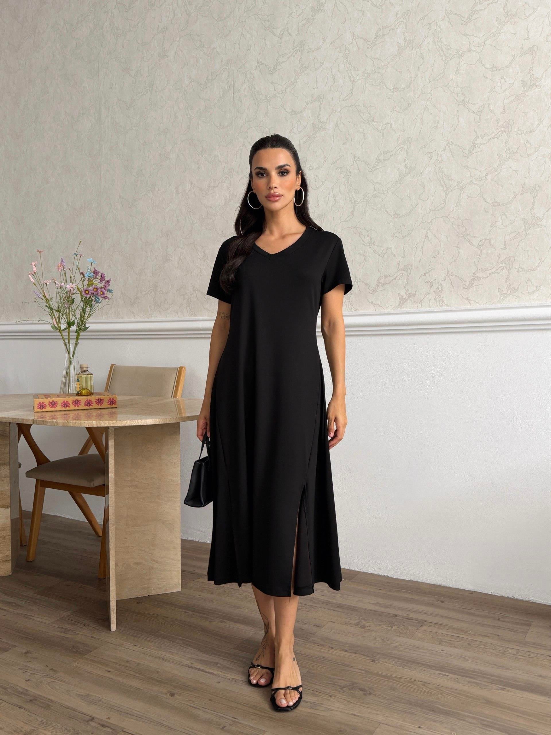 Zr Model V Yaka Premium Yırtmaçlı Elbise - Siyah