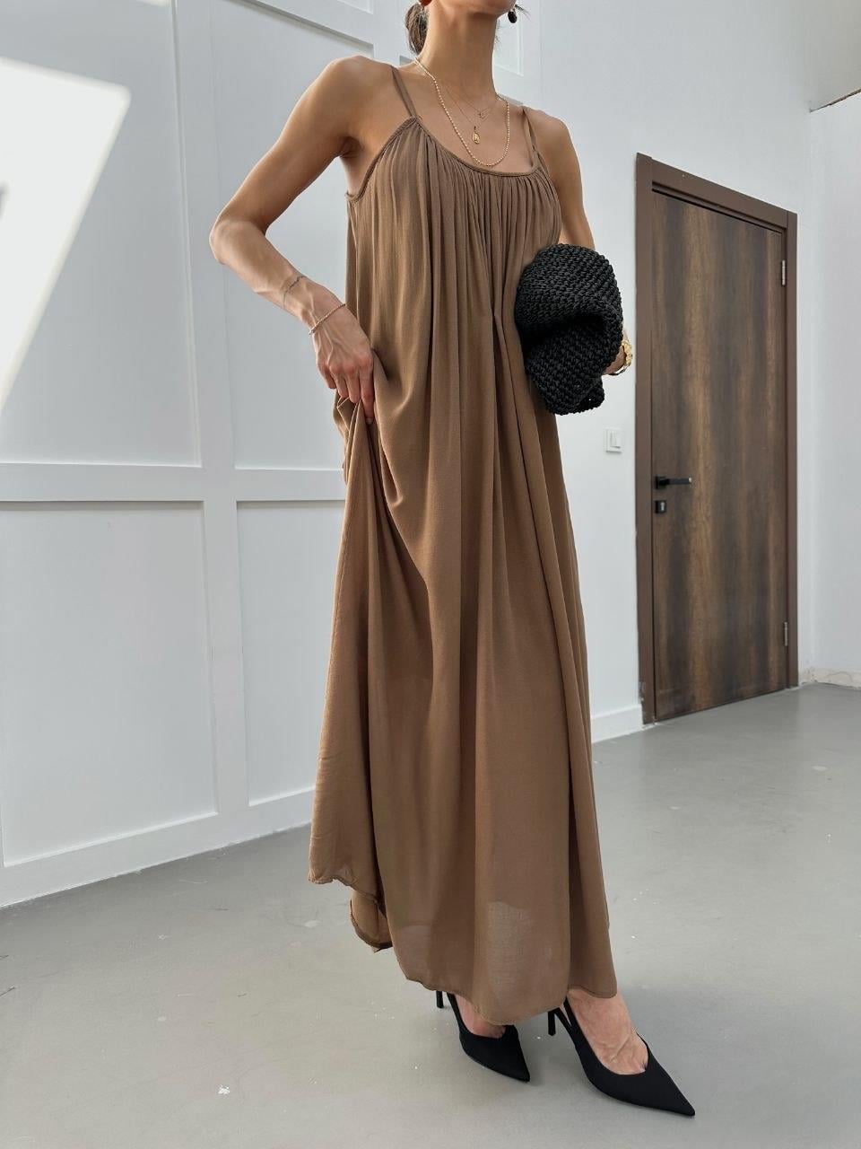 Zr Model Yaka Büzgülü Salaş Premium Elbise - Camel
