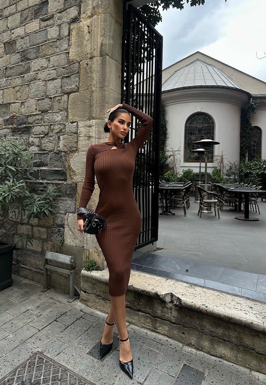 Zr Model Yaka Detay Triko Elbise - Kahve