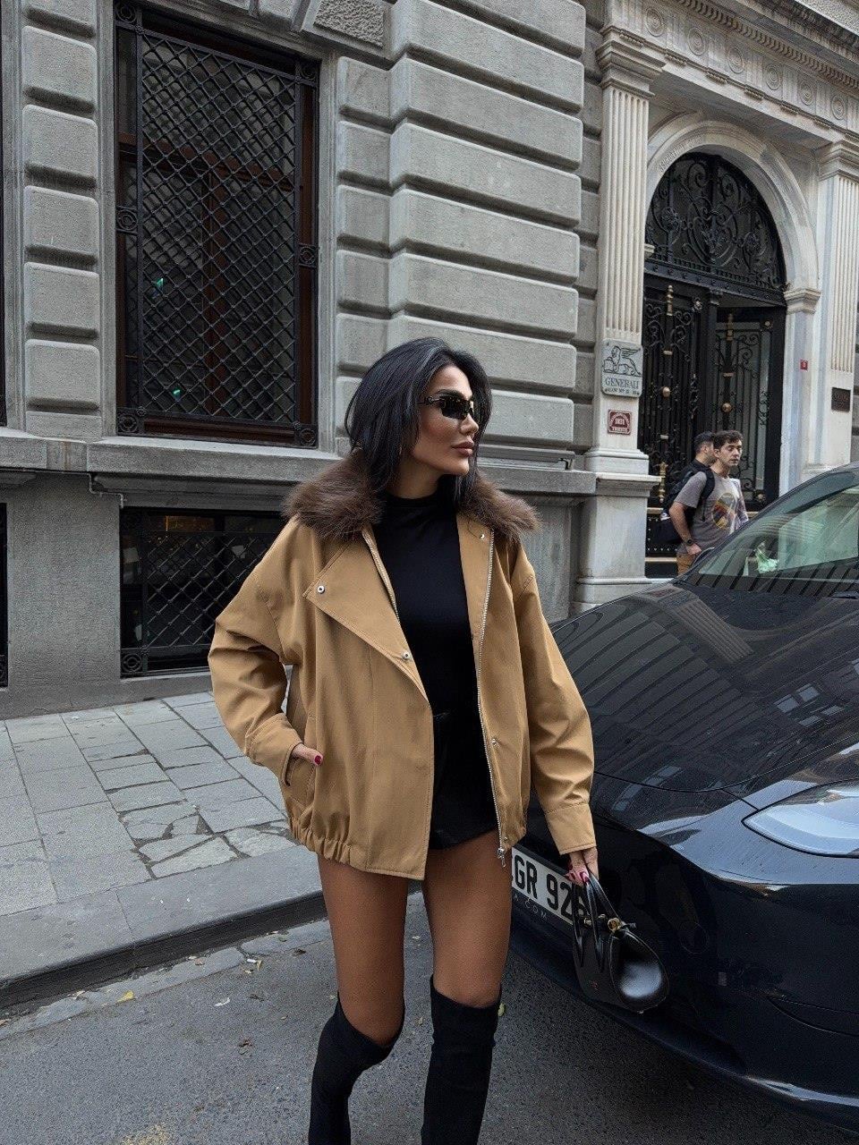 Zr Model Yaka Kürklü Premium Mont - Bej