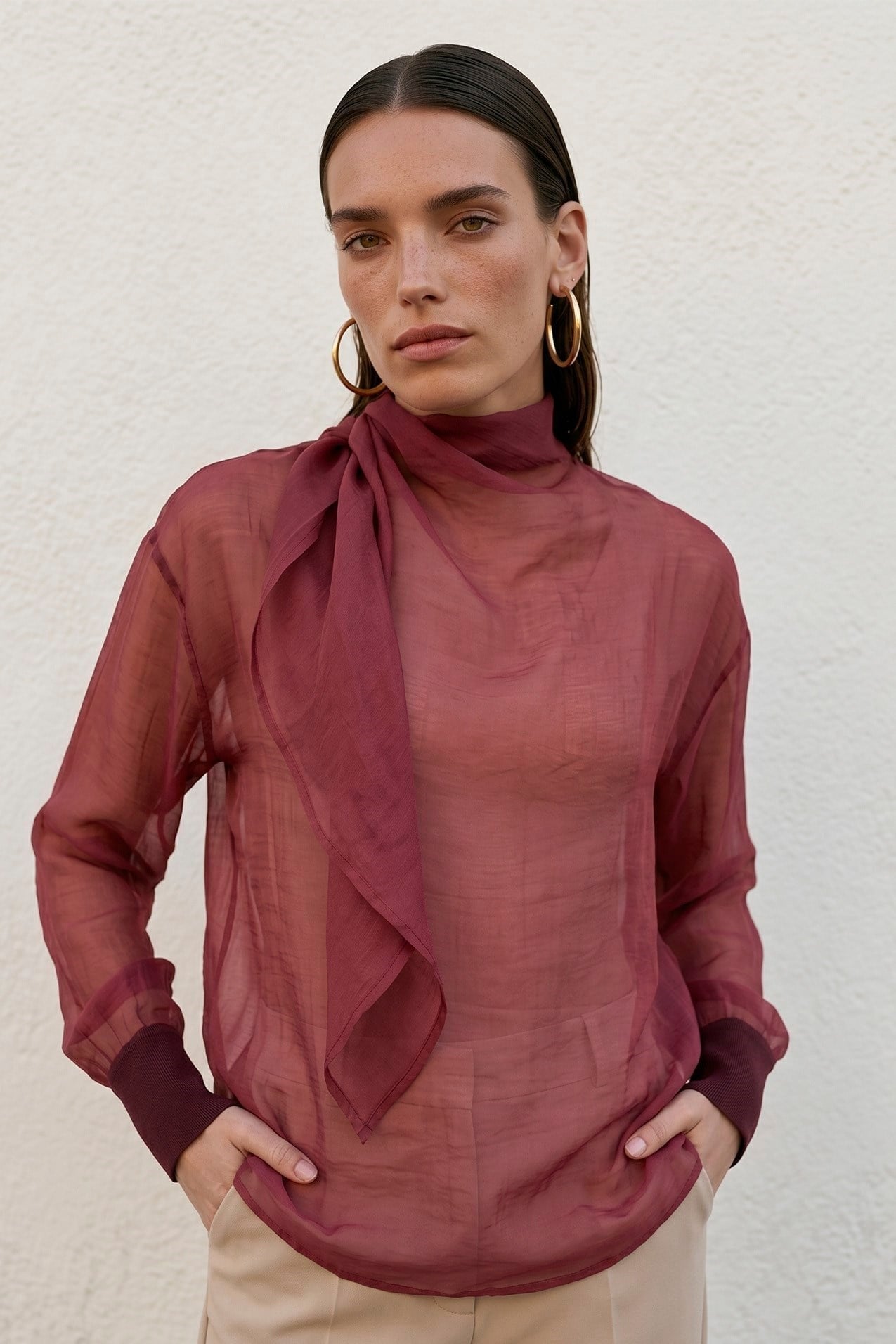 Zr Model Yakası Bağlamalı Premium Bluz - Bordo