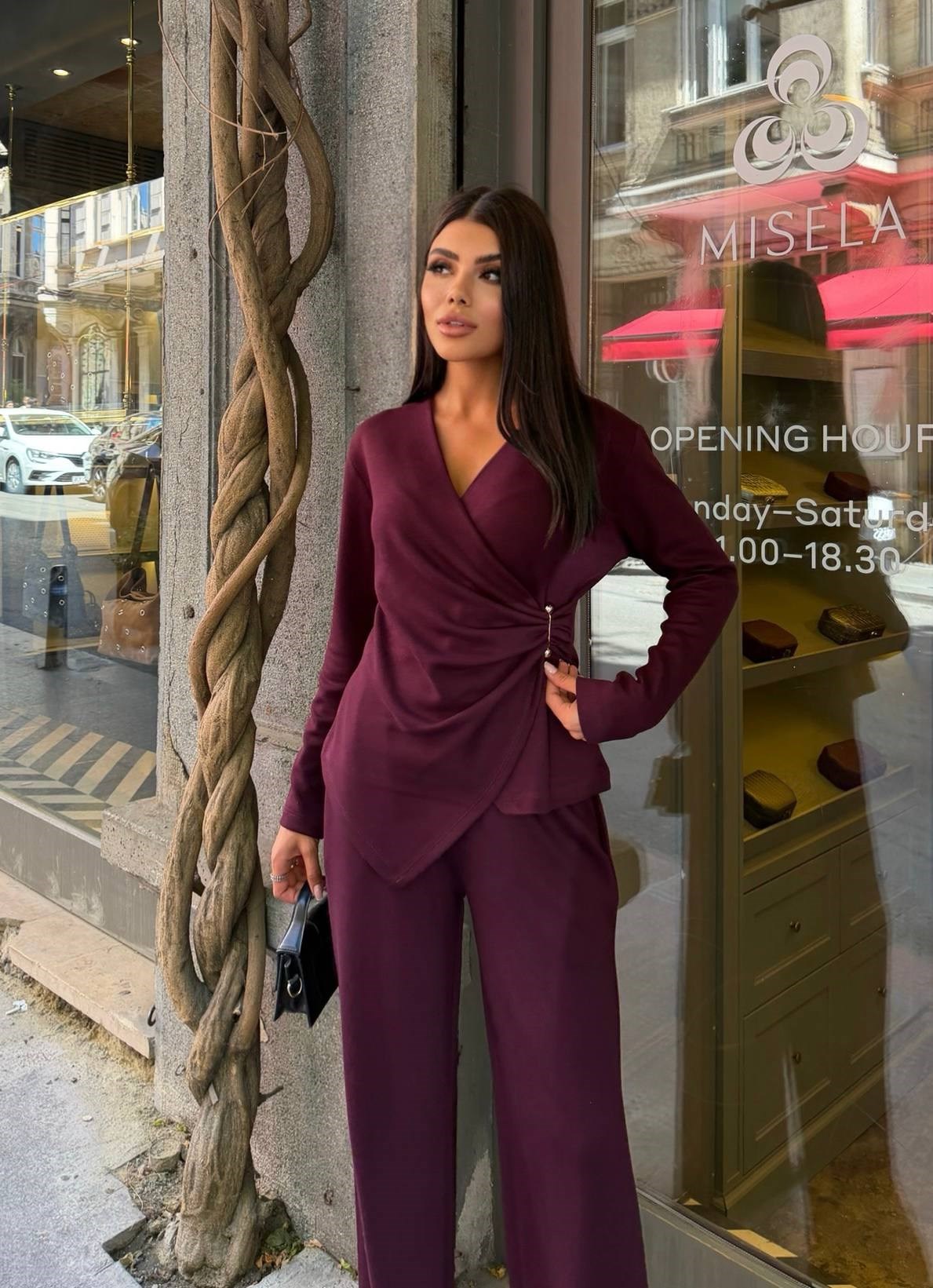Zr Model Yan Tokalı Kruvaze Yaka Premium Takım - Mürdüm