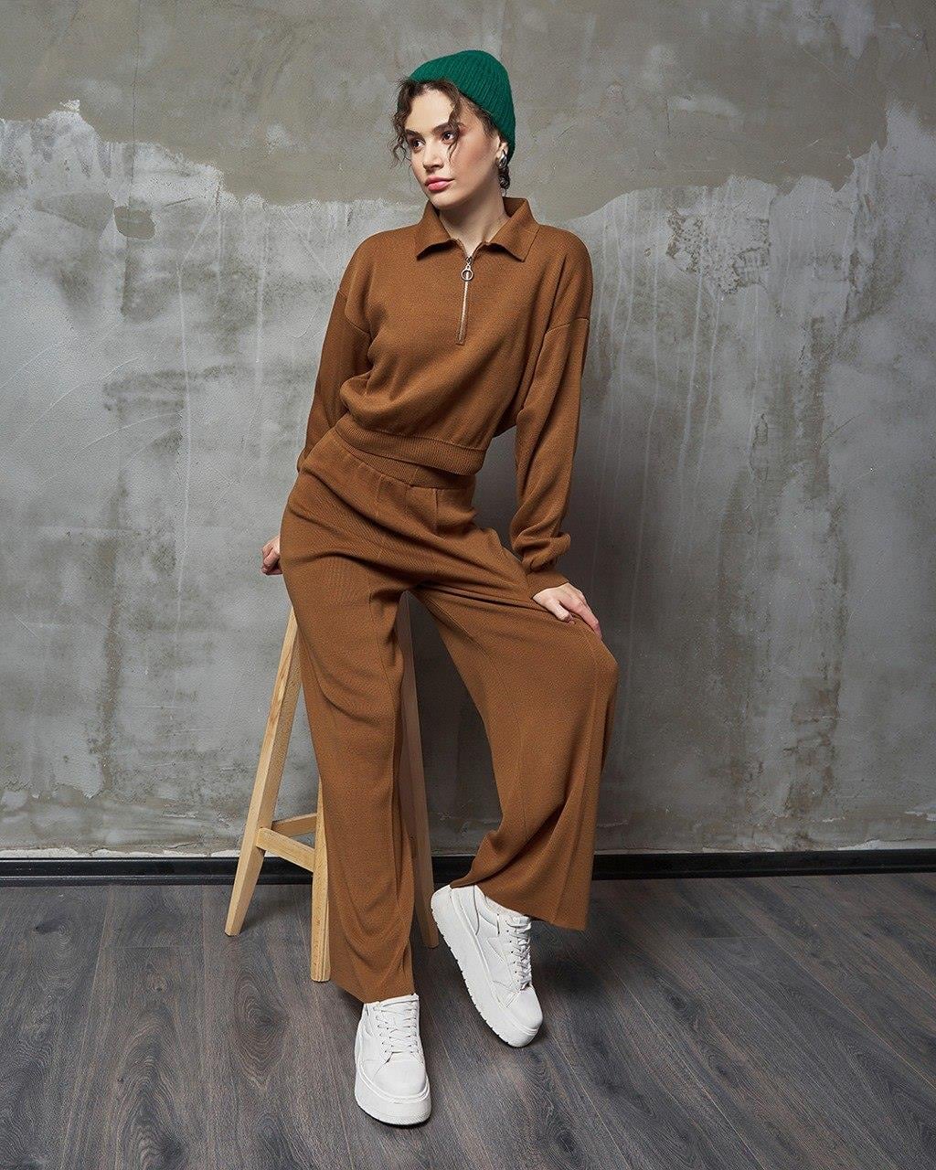 Zr Model Yarım Fermuar Üst Pantolon Triko Takım - Vizon