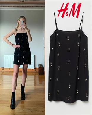 H&M taş aksesuarlı elbise - SİYAH
