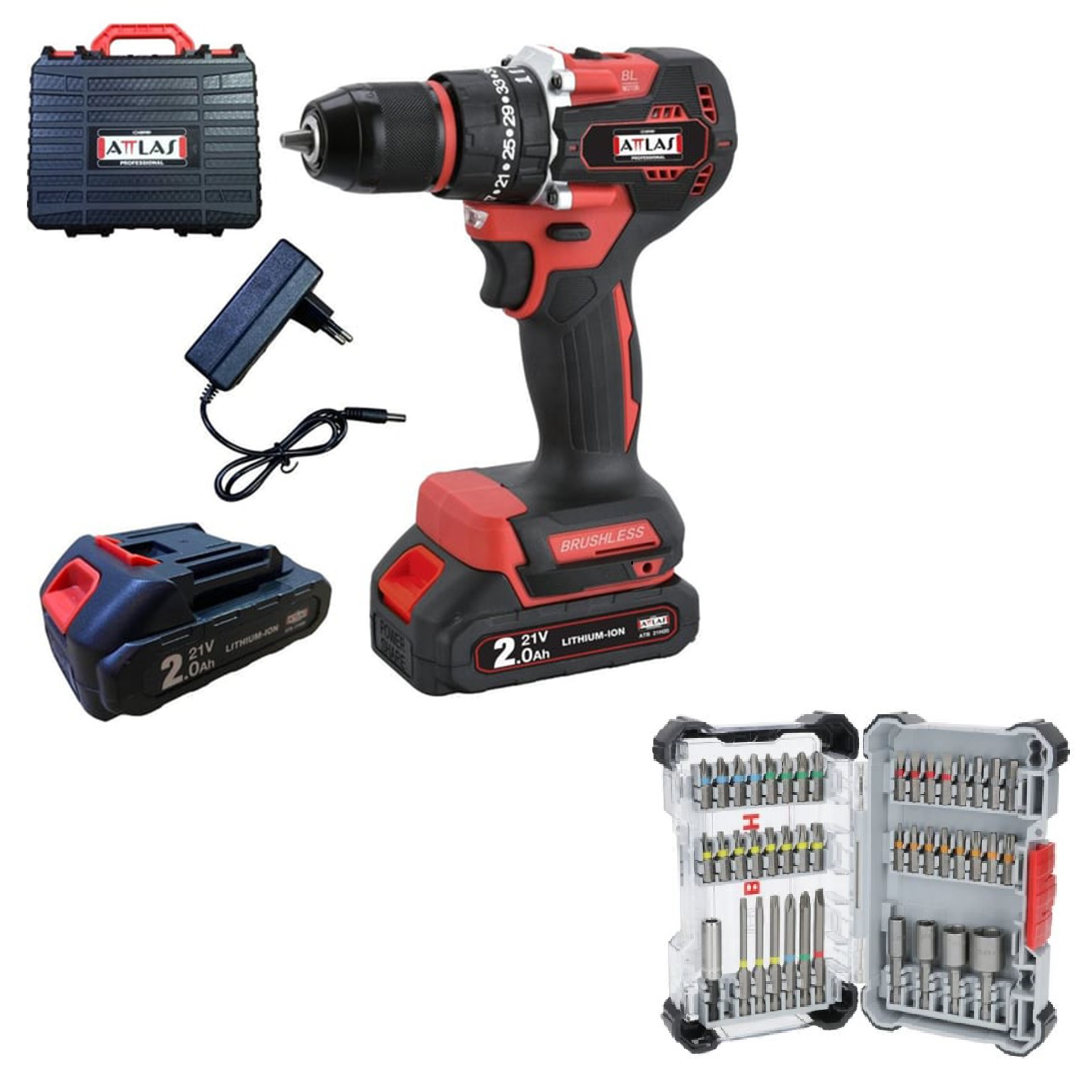 ATTLAS Atb 21 Blpd-202c 2x 2.0 Ah Çift Akülü Kömürsüz Darbeli Matkap  + 43 Parça Profesyonel Aksesuar Seti