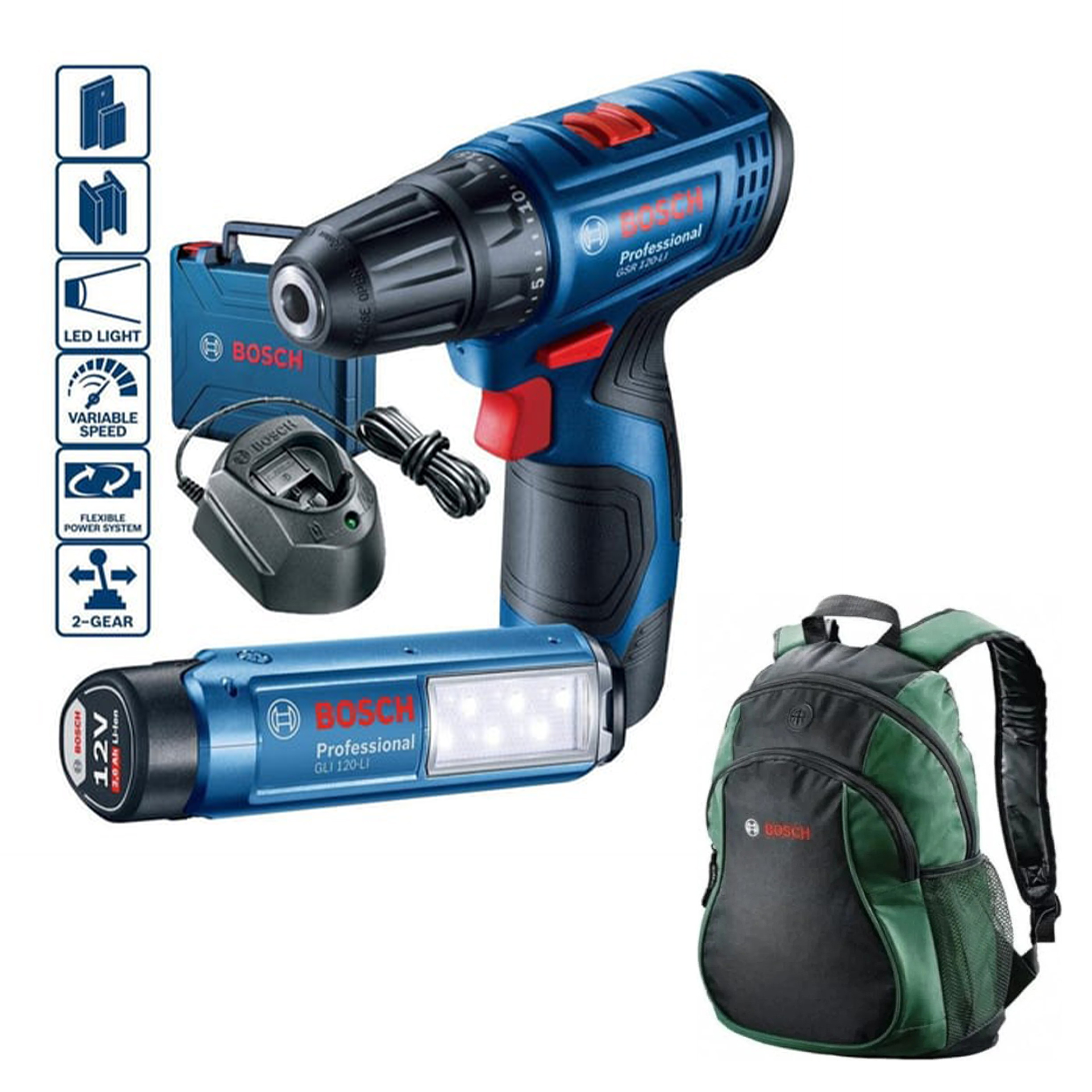 Bosch Professional GSR 120-LI  2 Ah Çift Akülü Vidalama Makinası ve GLI 12V-300 Lamba + Bosch Sırt Çantası