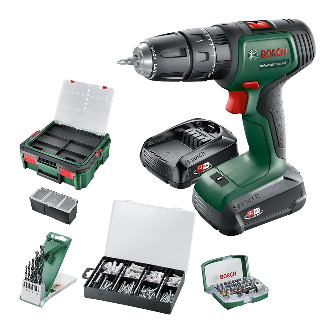 Bosch UniversalImpact 18V Akülü Matkap + SystemBox (1,5Ah, Çift Akü) - 0 603 9D4 107