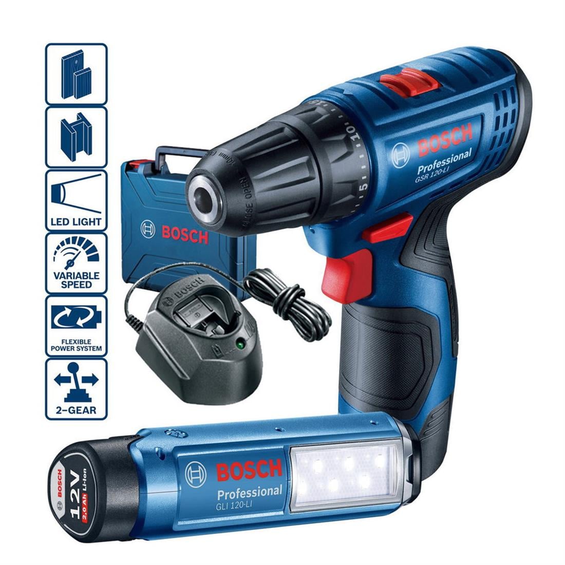GSR 120-Li Akülü Tornavida ve GLI 12V-300 Lamba + 2 adet 2,0 Ah Şarj Edilebilir Pil 0 601 9G8 004