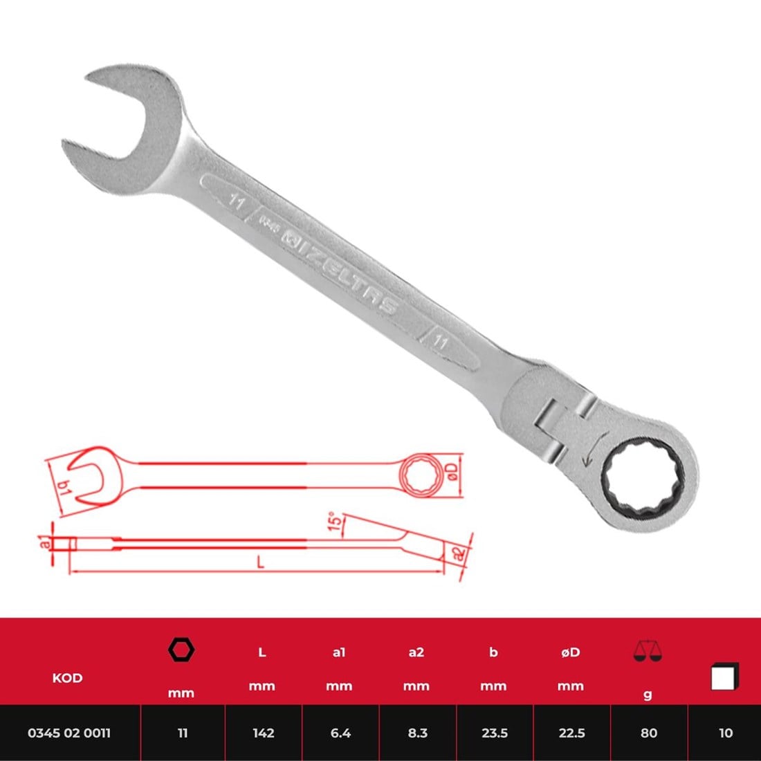 İzeltaş Mafsallı Cırcır Anahtar 11 mm - 0345020011