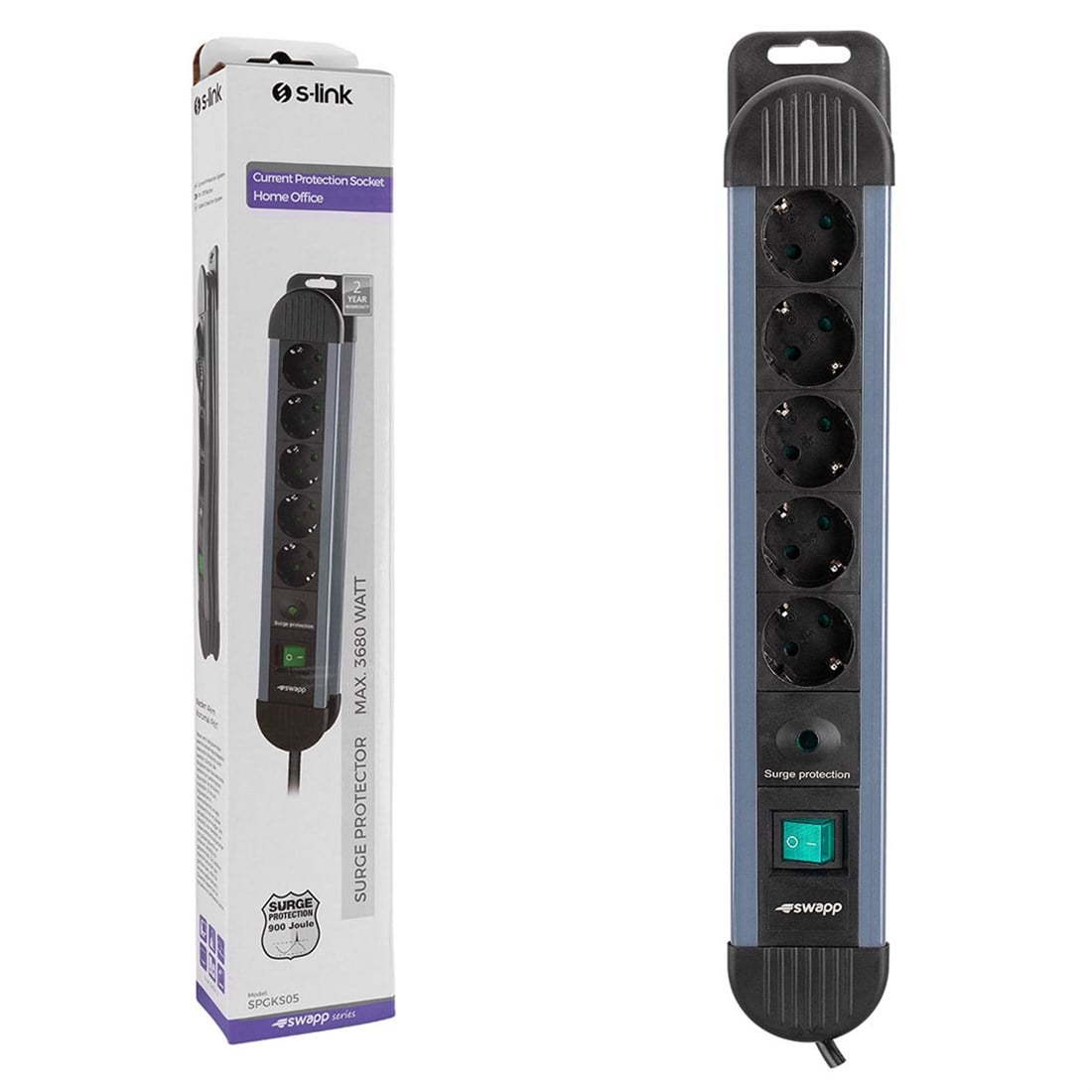 S-link Swapp SPGKS05 1.5m 3G1.5mm2 900 Joule 5Li Akım Kor. Gri Priz Çoklayıcı 17382