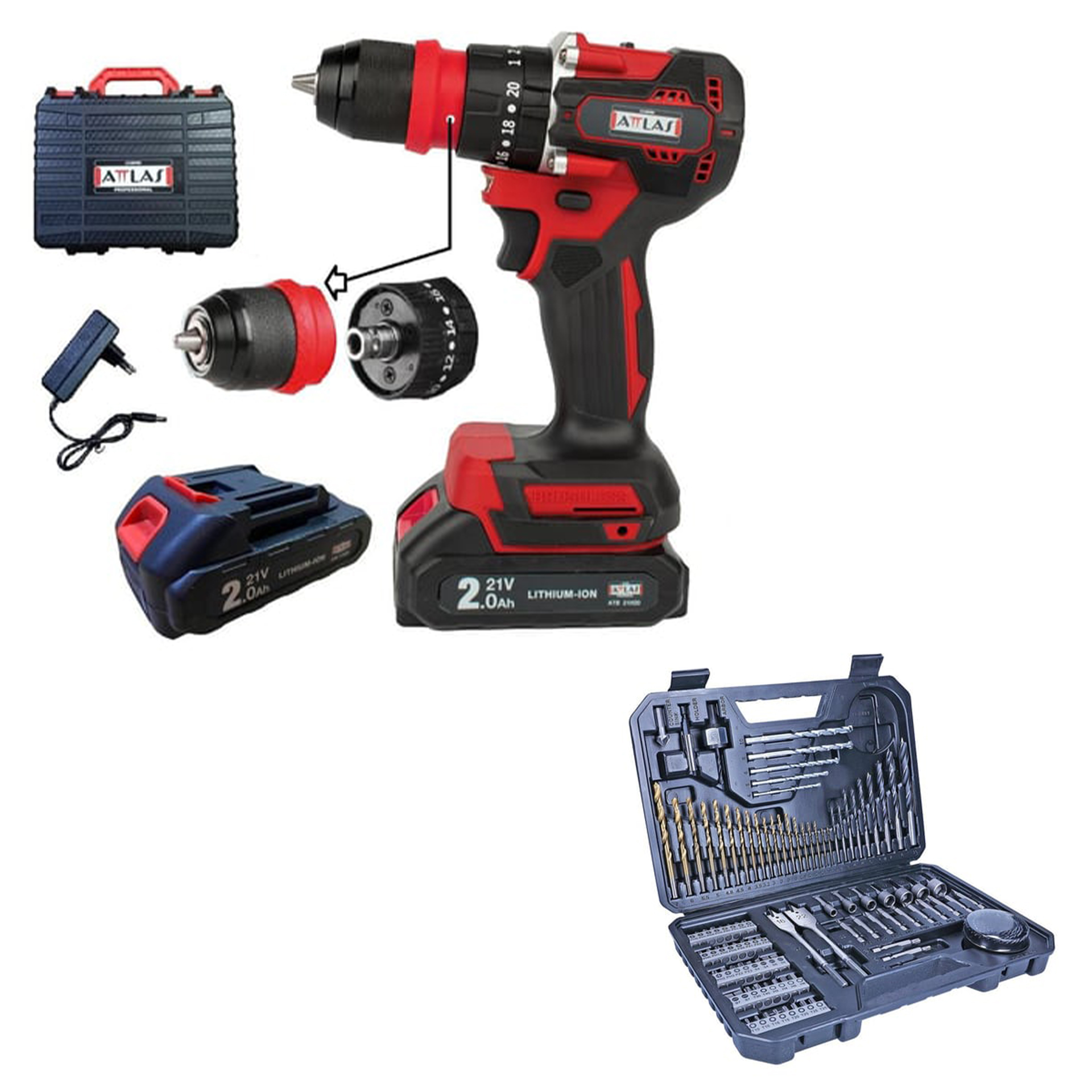 ATTLAS Atb 21 Blpdx-202c  2 x 2.0 Ah Çift Akülü Kömürsüz Darbeli Matkap + V-Line 103 Parça Karışık Aksesuar Seti