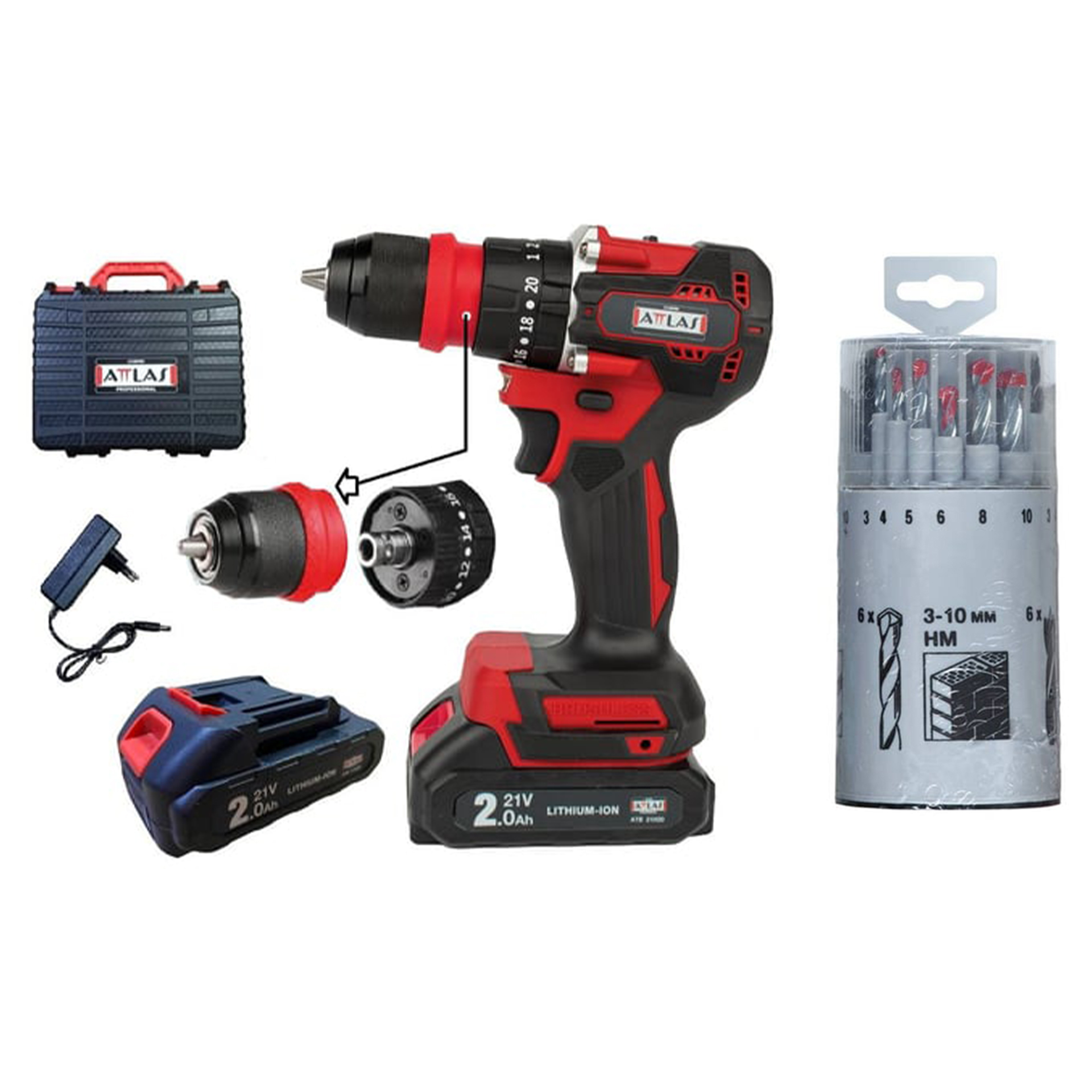 ATTLAS Atb 21 Blpdx-202c  2 x 2.0 Ah Çift Akülü Kömürsüz Darbeli Matkap +KWB Runddose HSS-HM-HO Matkap Ucu Seti 18 Parça