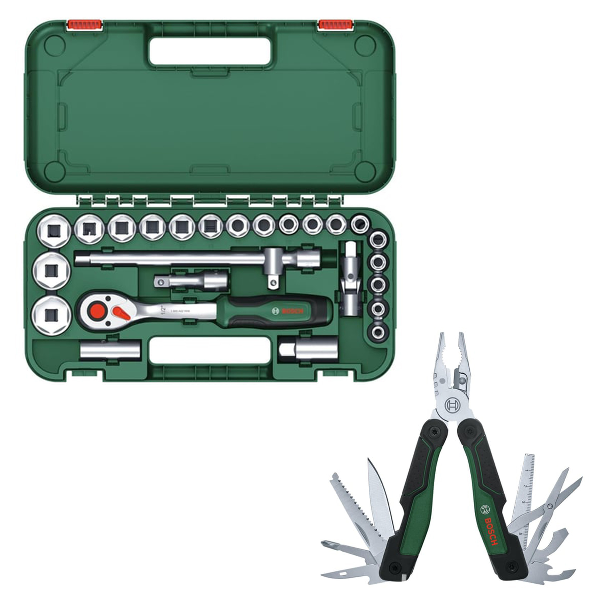 Bosch 1/2 25 Parça Cırcırlı Somun Sıkma Seti + Çok Amaçlı Alet Pense - Çakı (16 Özellik)
