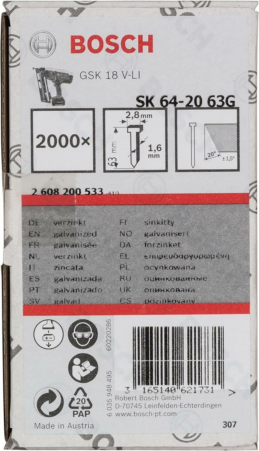 Bosch Başsız Çivi 20? 63 mm Galvanizli 2000li - 2608200533
