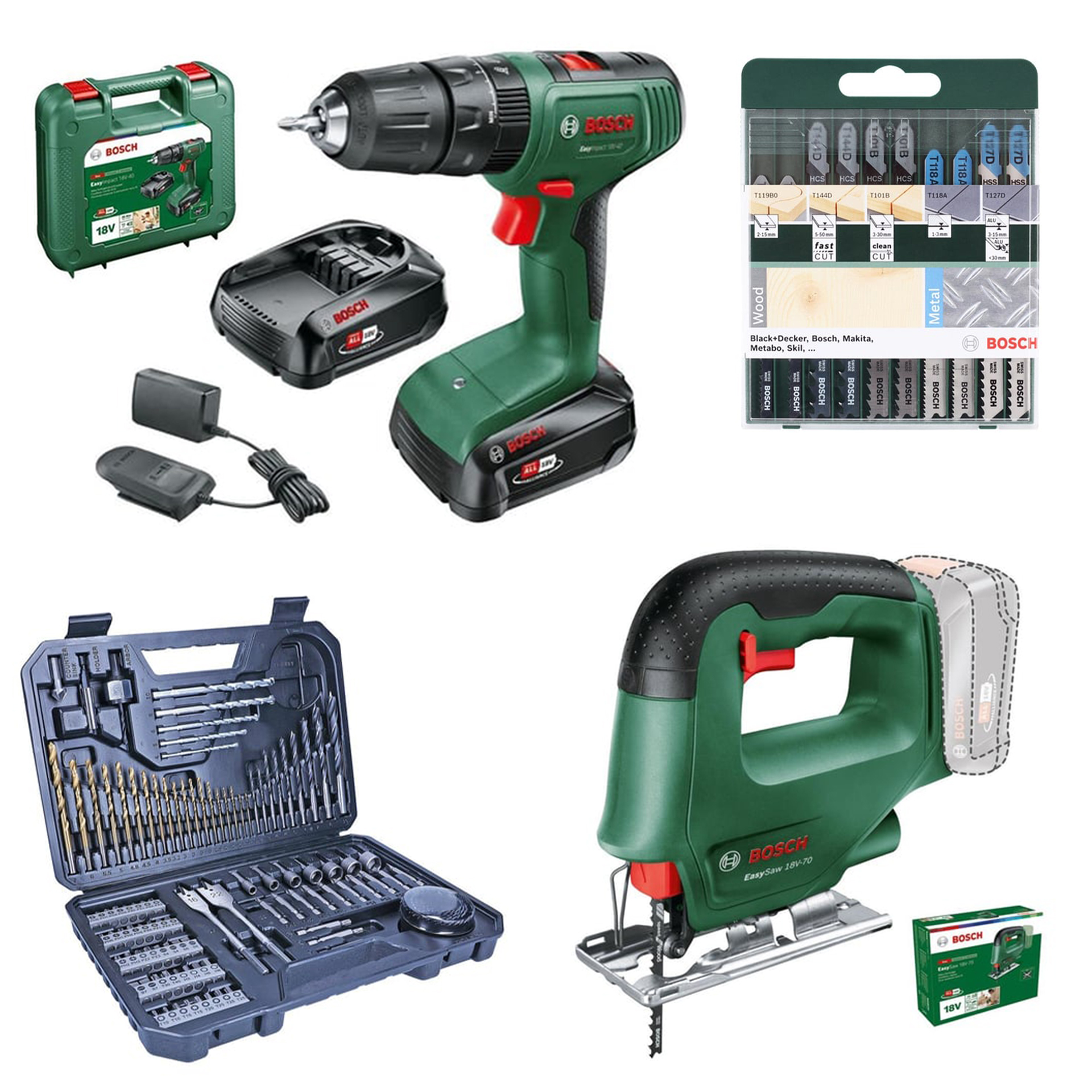 Bosch EasyImpact 18V-40 Akülü Matkap (Çift Akü, 2,0 Ah) + EasySaw Dekupaj Testeresi Aküsüz (Solo) + Karışık Dekupaj Testere Seti 10 lu + V-Line 103 Parça Karışık Aksesuar Seti