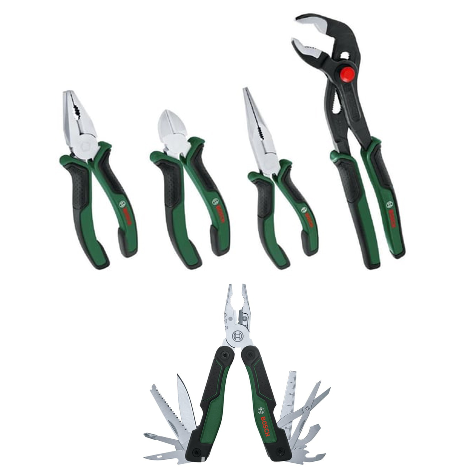 Bosch El Aleti Seti (Boru Anahtarı 250-Yan Keski 160-Pense 180-Kargaburun 180) 4 Parça + Çok Amaçlı Alet Pense - Çakı (16 Özellik)